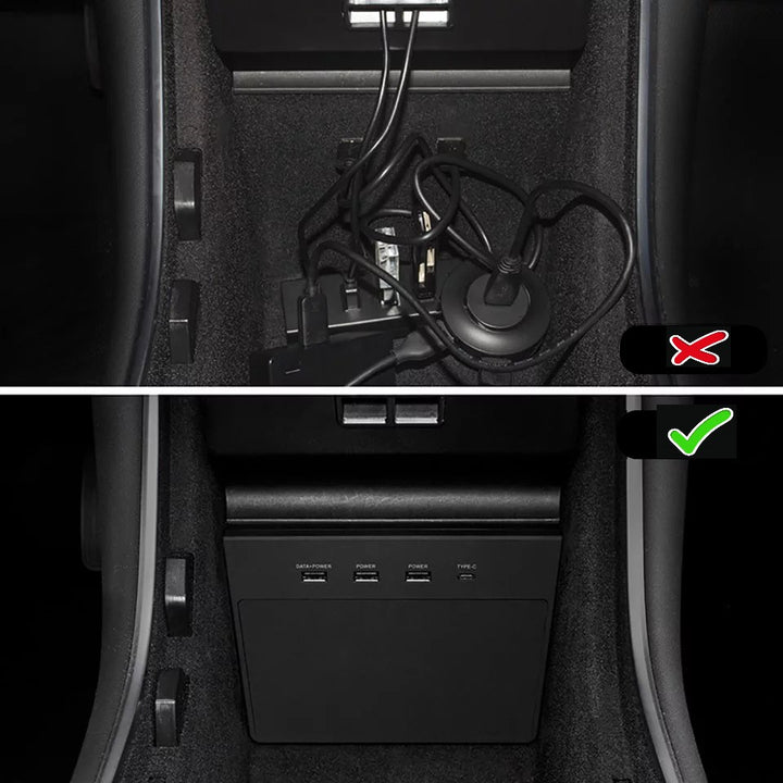 Detaillierte Ansicht der 4 USB-A und 1 USB-C Anschlüsse – Tesla Upgrades für Deutschland und Österreich
