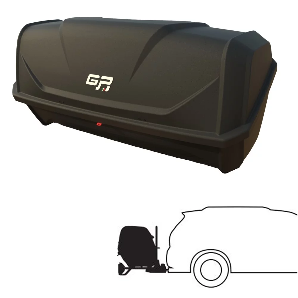 Seitenansicht des Tesla Model Y mit montierter PERUZZO GP Transportbox beim Fahren