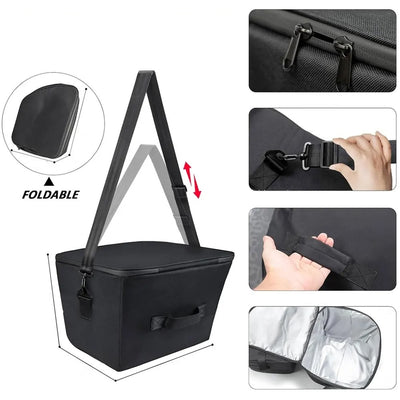 Detailansicht der Model 3 Kühlbox Tasche im Tesla Frunk, perfekt als Kühlbox für Tesla Model 3 und funktionale Tesla Model 3 Frunk Bag.