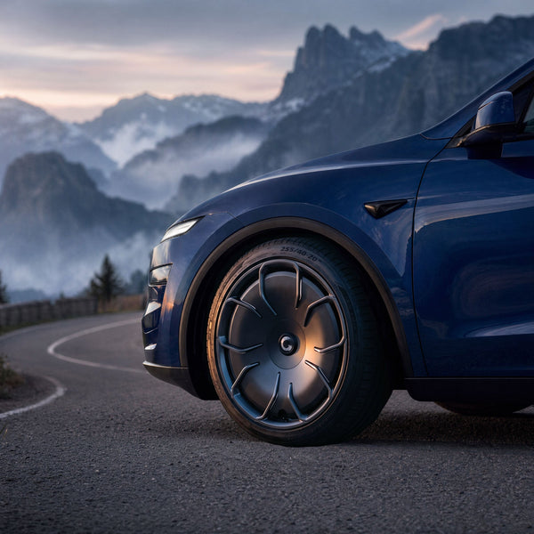 Model Y Felgen CHELA in Glossy Titanium am blauen Juniper, Nahaufnahme der echten Carbon-Aerodisc und des leichten Designs.