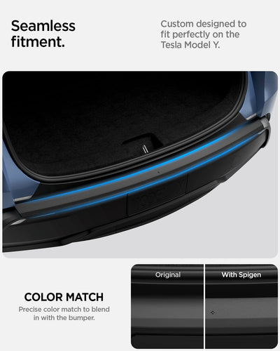 Spigen Ladekantenschutz für Tesla Model Y mit blauen Markierungslinien und zwei Detailbildern der Stoßstangenfarbe.