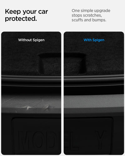 Vergleich einer zerkratzten Stoßstangenkante mit einer durch Spigen Ladekantenschutz für Tesla Model Y geschützten Kante.