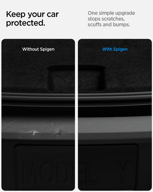Vergleich einer zerkratzten Stoßstangenkante mit einer durch Spigen Ladekantenschutz für Tesla Model Y geschützten Kante.
