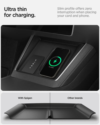 Spigen-Schutzauflage mit Smartphone und Tesla-Karte, darunter ein Vergleich von zwei Randprofilen.