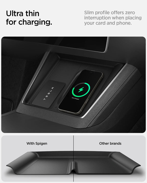 Spigen-Schutzauflage mit Smartphone und Tesla-Karte, darunter ein Vergleich von zwei Randprofilen.