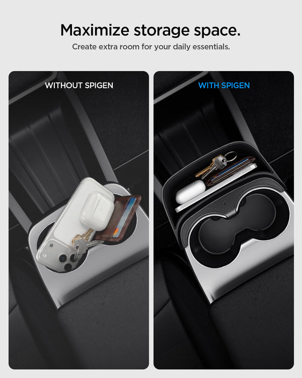 Vergleich einer Tesla-Mittelkonsole ohne und mit Spigen-Ablagefach, mit Smartphone, Schlüsseln, Kartenetui und weißer Box.