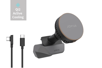 Handyhalterung für Tesla Model Y Juniper 2025+ mit Qi2 Laden, aktiver Kühlung und USB-C-Kabel für eine schnelle und saubere Stromversorgung.