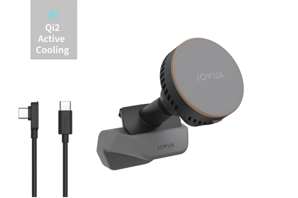 Handyhalterung für Tesla Model Y Juniper 2025+ mit Qi2 Laden, aktiver Kühlung und USB-C-Kabel für eine schnelle und saubere Stromversorgung.