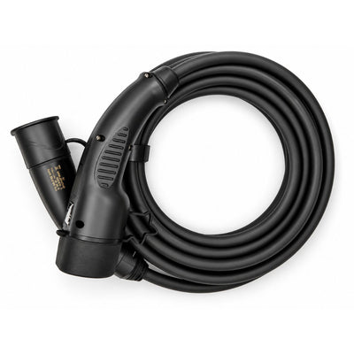 Draufsicht auf ein ordentlich aufgerolltes Mode 3 Ladekabel Typ 2. Dieses schwarze Tesla Ladekabel Typ 2 ist ideal für schnelles Laden zu Hause.