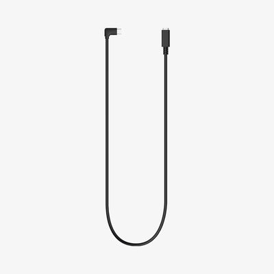 Schwarzes Kabel für eine Tesla-Ladestation, U-förmig mit einem abgewinkelten und einem geraden Stecker auf hellem Hintergrund.