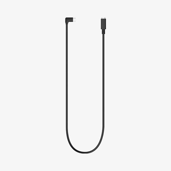 Schwarzes Kabel für eine Tesla-Ladestation, U-förmig mit einem abgewinkelten und einem geraden Stecker auf hellem Hintergrund.