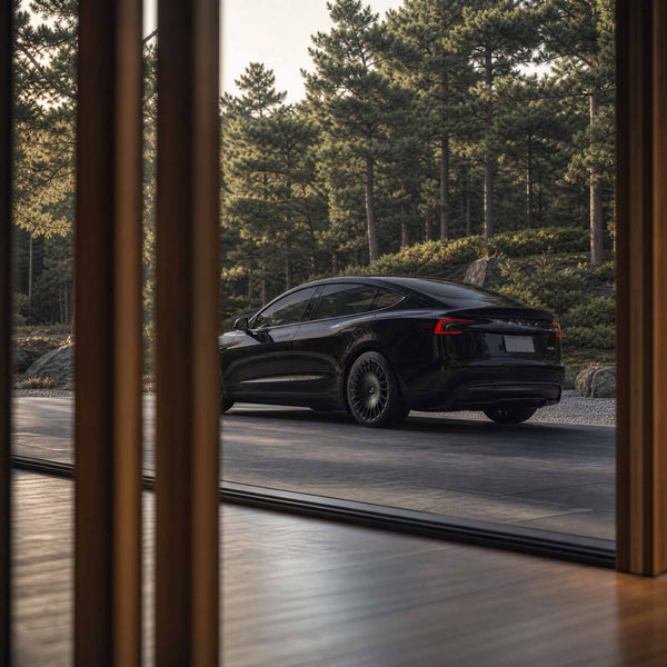 Heckansicht Tesla Model 3 Performance mit felgen tesla model 3 in 19 Zoll Razor V2 im Naturambiente.