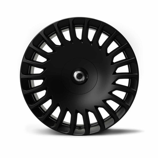 Tesla Model 3 Performance Felgen 19 Zoll Razor V2 in Onyx Black, Frontalansicht mit Turbofan-Design.