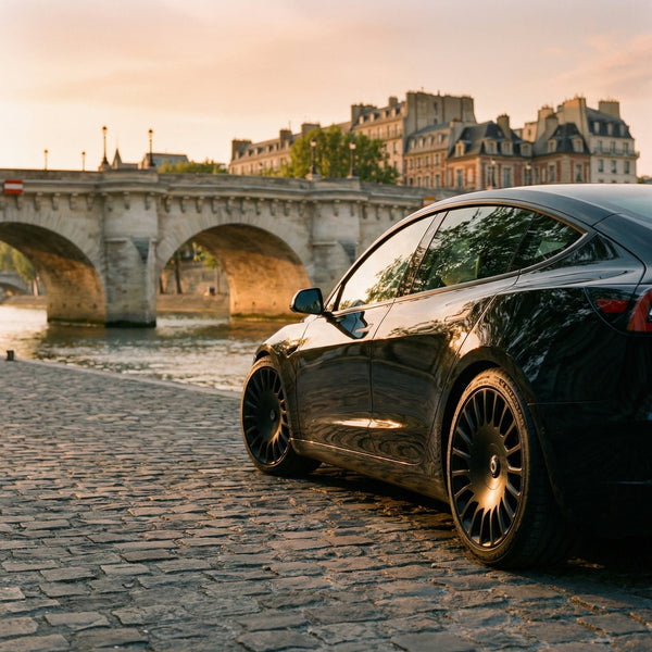 Heckansicht Tesla Model 3 Highland Performance mit schwarzen 19 Zoll Razor V2 Felgen in der Dämmerung.
