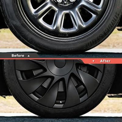 Radkappen Tesla Model 3 im Vorher-Nachher-Vergleich: originale Prismata-Stahlfelge und Tesla Radkappen 18 Zoll im Uberturbine-Look.