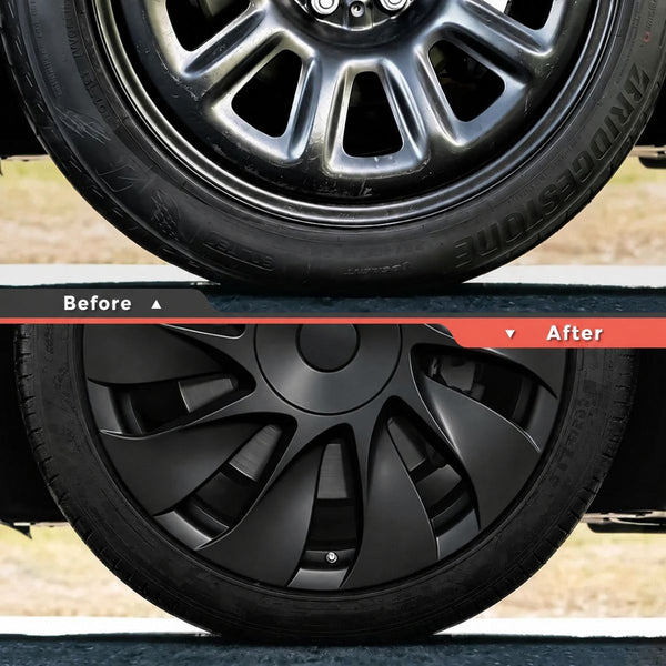 Radkappen Tesla Model 3 im Vorher-Nachher-Vergleich: originale Prismata-Stahlfelge und Tesla Radkappen 18 Zoll im Uberturbine-Look.