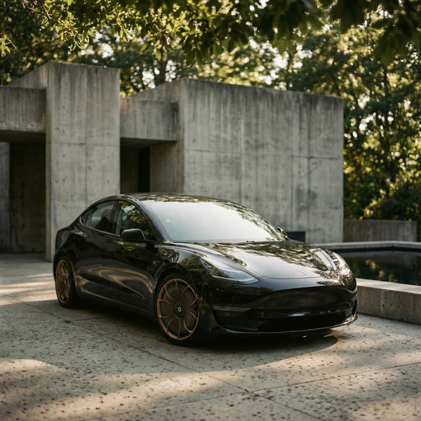 Schwarzes Tesla Model 3 mit The New Aero CHELA in Matte Bronze und Satin Carbon vor moderner Betonarchitektur.
