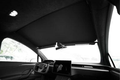 Tesla Model X Glasdach Sonnenblende Sonnenschutz - Innenansicht zeigt den effektiven Schutz vor Sonnenlicht und Hitze.