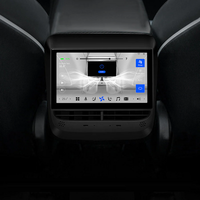 Hochwertiges tesla model y display hinten mit Touchscreen, ideal zur Steuerung von Klima, Musik und Sitzheizung auf der Rückbank.