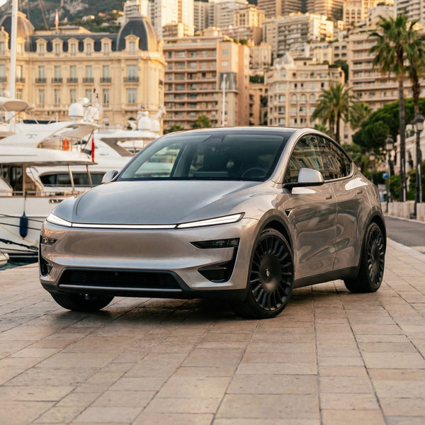 Seitenansicht Tesla Model Y mit the new aero Razor V2 21 Zoll Alufelgen