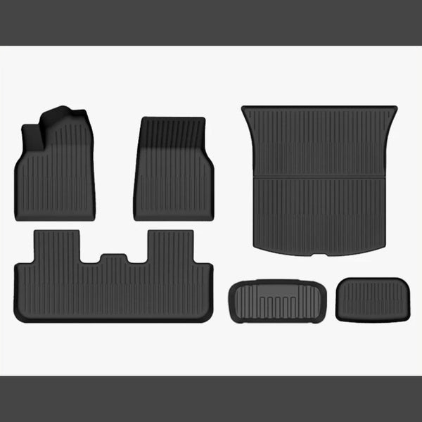 Tesla Model Y Fußmatten Juniper Standard RWD Komplettset Ecoline mit Gummimatten für Innenraum, Kofferraum, Subtrunk und Frunk.