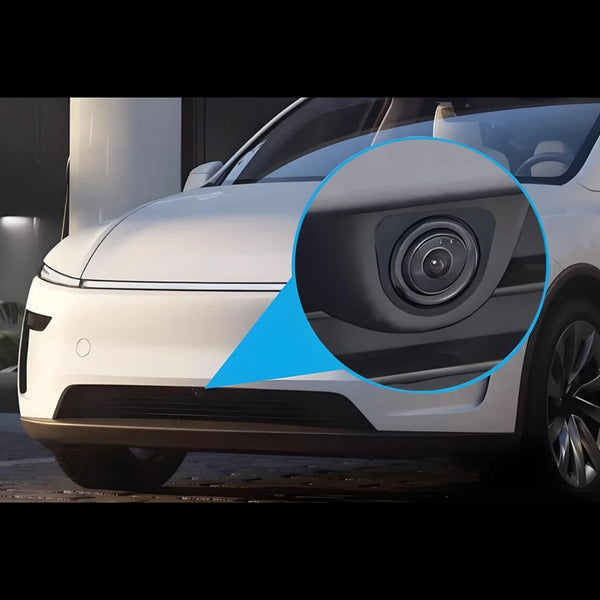 Tesla Model Y Juniper Front und Heckkamera Schutz montiert auf der Frontkamera Tesla Model Y für maximalen Schutz und OEM Look.