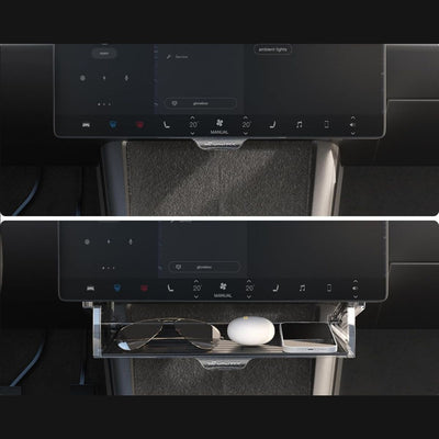 Tesla Model Y Juniper Organizer hinter dem Bildschirm geöffnet mit Handy, Sonnenbrille und Zubehör für versteckten Stauraum.
