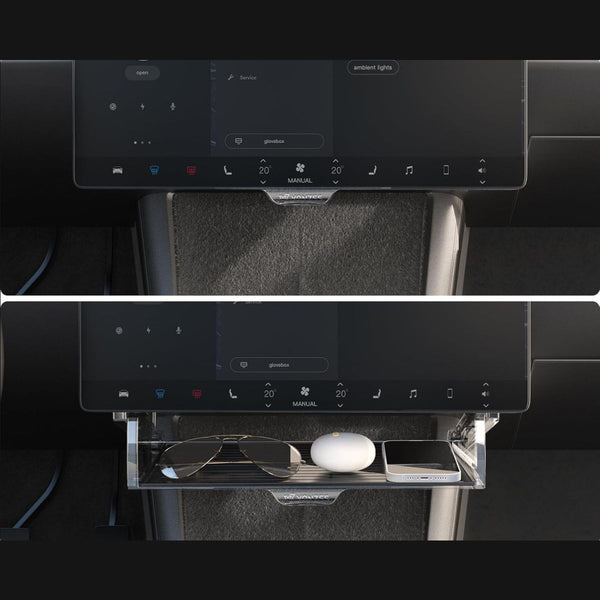 Tesla Model Y Juniper Organizer hinter dem Bildschirm geöffnet mit Handy, Sonnenbrille und Zubehör für versteckten Stauraum.