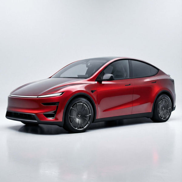 Rotes Tesla Model Y Juniper mit CHELA Felgen in 20 Zoll, Glossy Titanium und Satin-Carbon-Aerodiscs.