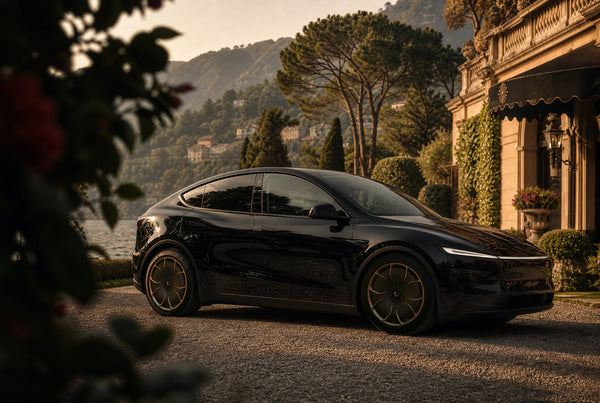 Schwarzes Tesla Model Y Juniper mit CHELA 20-Zoll-Felgen in Matte Bronze und Satin Carbon, Seitenansicht vor einer Villa am Wasser.