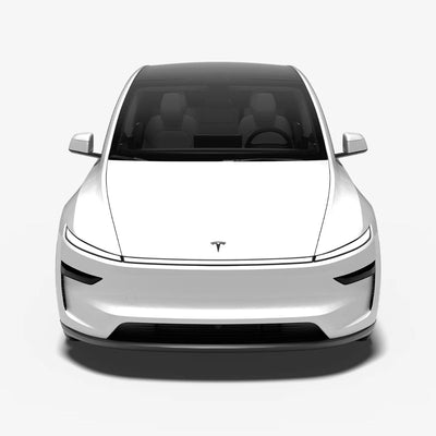 Frontansicht vom Tesla Model Y Juniper mit Tesla Logo Model Y Juniper in mattem Schwarz für eine sportliche Premium-Optik.