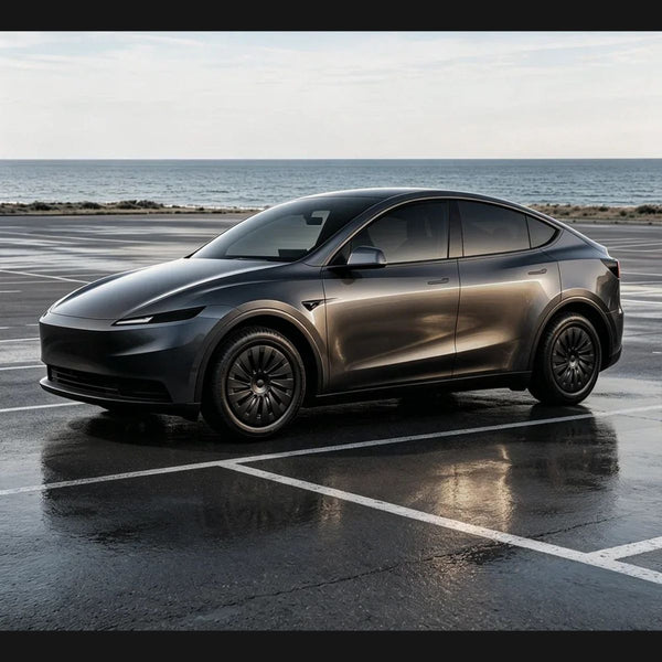 Dunkelgraues Tesla Model Y Juniper Standard mit mattschwarzen Tesla Model Y Radkappen 18 Zoll Standard Induction am Meer.
