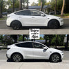 Vorher-Nachher-Vergleich: Tesla Model Y mit serienmäßigen vs. Helix 19 Zoll Radkappen in silber – spürbarer Upgrade-Effekt.