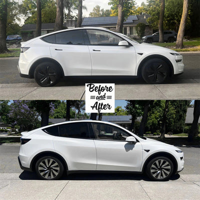 Vorher-Nachher-Vergleich: Tesla Model Y mit serienmäßigen vs. Helix 19 Zoll Radkappen in silber – spürbarer Upgrade-Effekt.