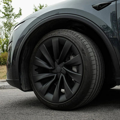 Mattschwarze Tesla Model Y Radkappen Juniper 2025+ 20 Zoll mit sportlicher Passform und robuster Verarbeitung aus schlagfestem ABS.