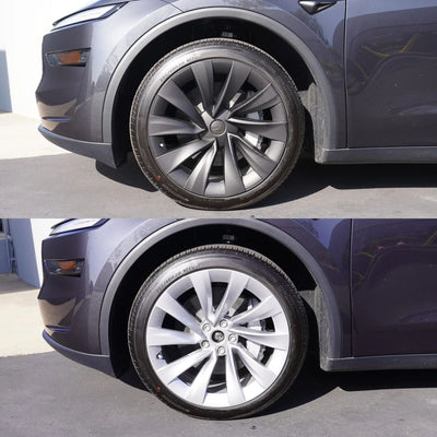 Vergleich Tesla Model Y mit und ohne Radkappen Juniper 2025+ Helix 20 Zoll – vorher-nachher Effekt zeigt klare optische Aufwertung.