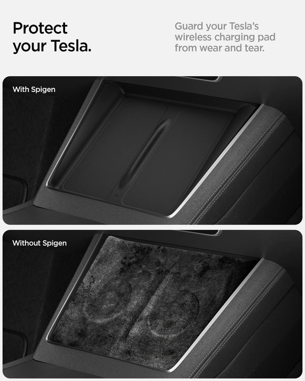 Vergleich der Ladefläche: oben mit schwarzer Tesla Model Y Schutzauflage, unten ohne Auflage mit sichtbaren Flecken.