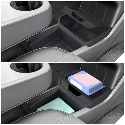 Tesla Model Y Center Console Storage Organizer geöffnet und geschlossen, ideal für Ladekarte, Tücher und kleine Alltagsgegenstände.