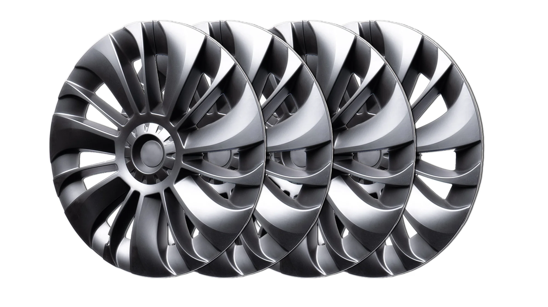 Schwarze Performance-Radkappen im Turbinen-Design speziell für Tesla Model Y in Deutschland und Österreich.